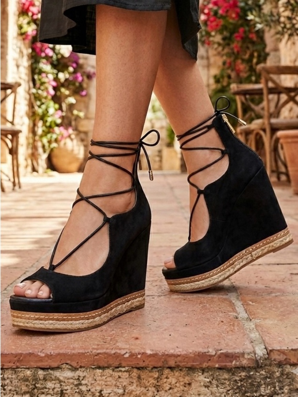 SAM EDELMAN Black Suede Lace Up Espadrille Wedge Sandals Size 9